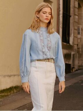 Petite Studio Aerin Chambray Denim Lace Blouse Shirt M